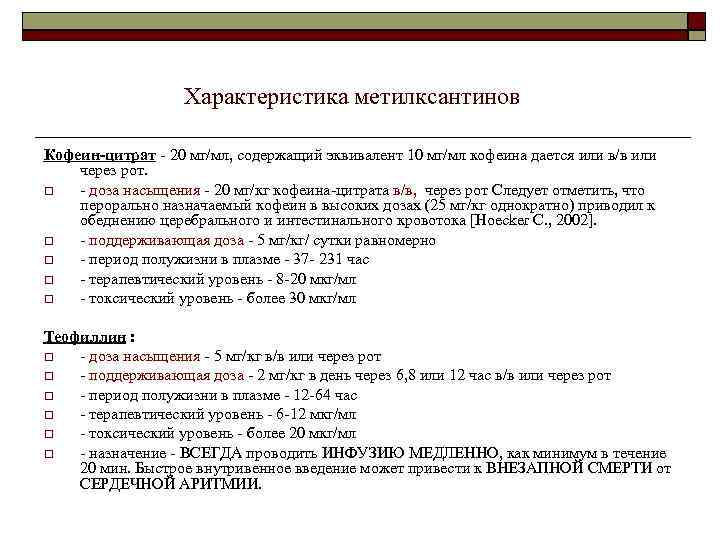 Характеристика метилксантинов Кофеин-цитрат - 20 мг/мл, содержащий эквивалент 10 мг/мл кофеина дается или в/в