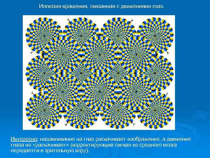 Иллюзия вращения, связанная с движениями глаз. Интересно: надавливание на глаз раскачивает изображение, а движение
