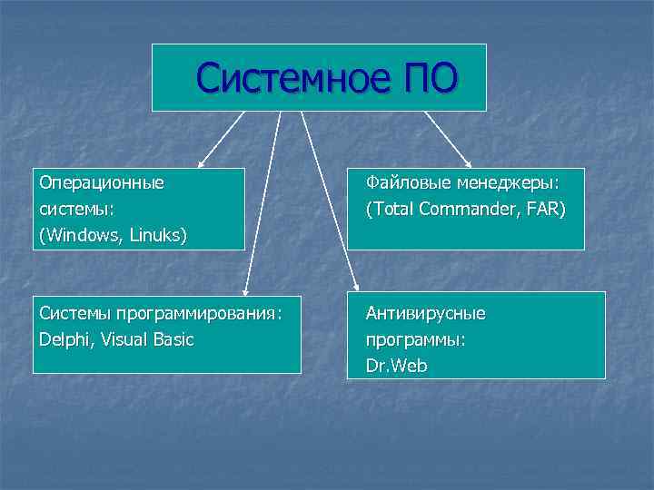 Системное ПО Операционные системы: (Windows, Linuks) Файловые менеджеры: (Total Commander, FAR) Системы программирования: Delphi,