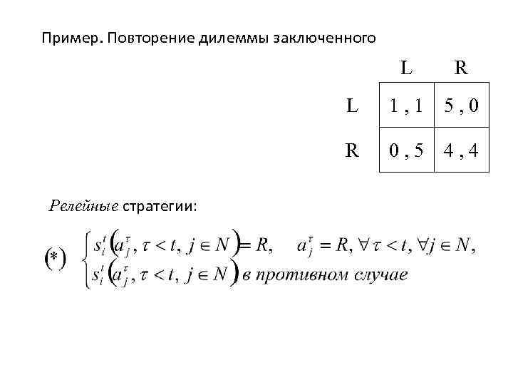 Пример. Повторение дилеммы заключенного L R Релейные стратегии: 1, 1 5, 0 0, 5