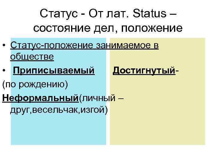 Статус - От лат. Status – состояние дел, положение • Статус-положение занимаемое в обществе