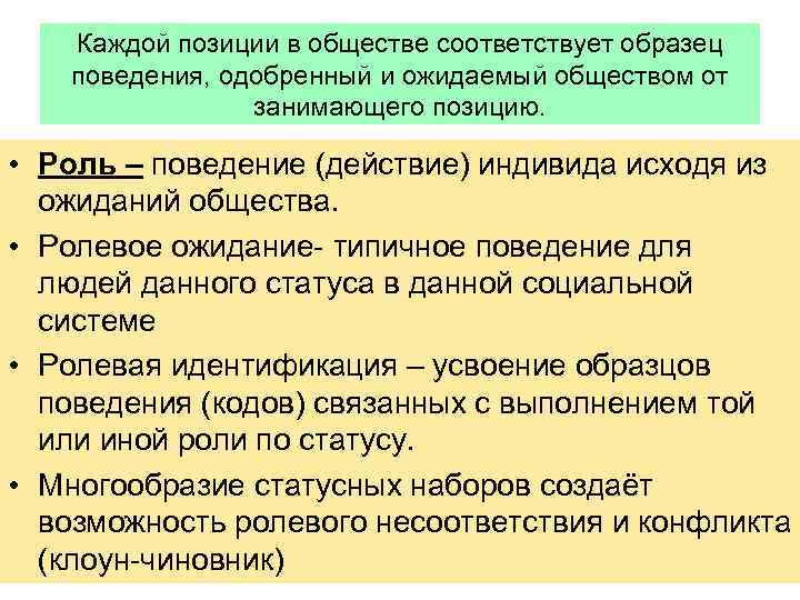 Каждой позиции в обществе соответствует образец поведения, одобренный и ожидаемый обществом от занимающего позицию.