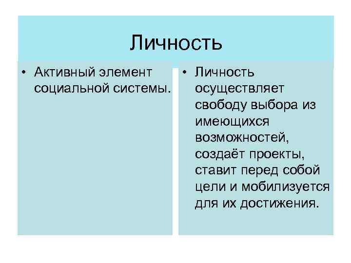 Личность • Активный элемент • Личность социальной системы. осуществляет свободу выбора из имеющихся возможностей,
