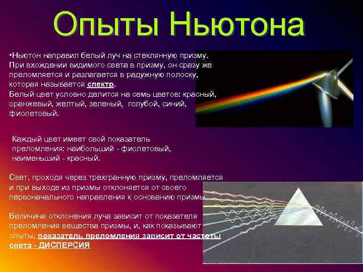 Опыты Ньютона • Ньютон направил белый луч на стеклянную призму. При вхождении видимого света