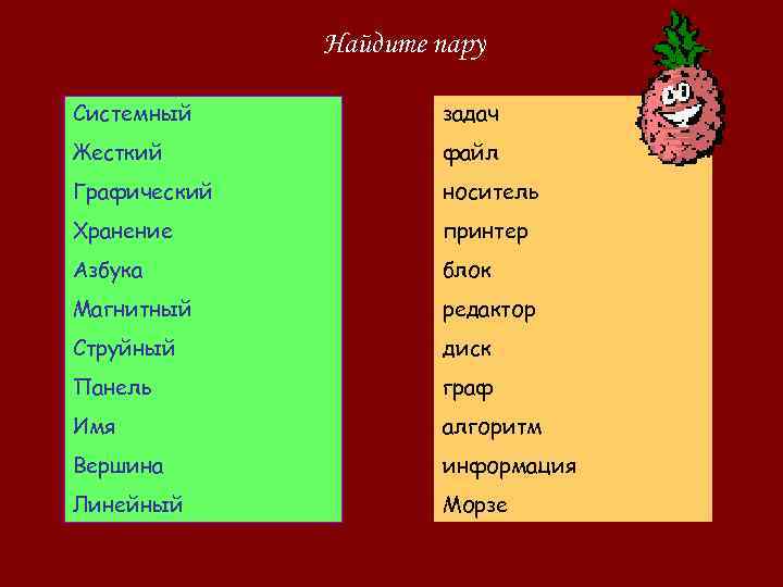 Найдите пару Системный задач Жесткий файл Графический носитель Хранение принтер Азбука блок Магнитный редактор