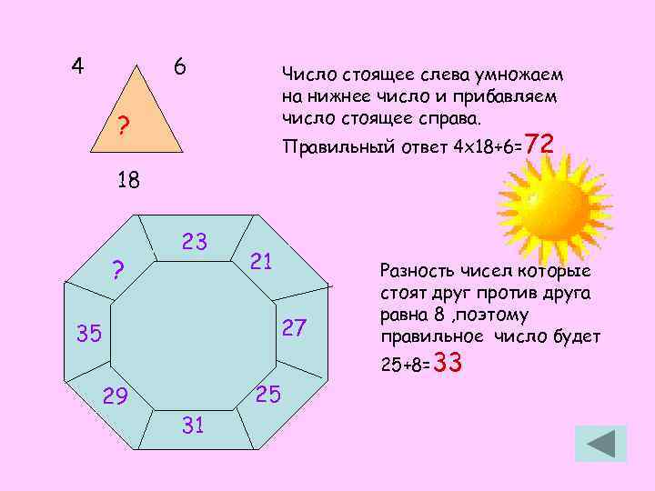4 6 Число стоящее слева умножаем на нижнее число и прибавляем число стоящее справа.