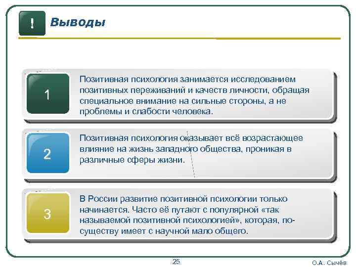 ! Выводы 1 2 3 Позитивная психология занимается исследованием позитивных переживаний и качеств личности,