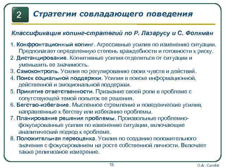 2 Стратегии совладающего поведения Классификация копинг-стратегий по Р. Лазарусу и С. Фолкман 1. Конфронтационный