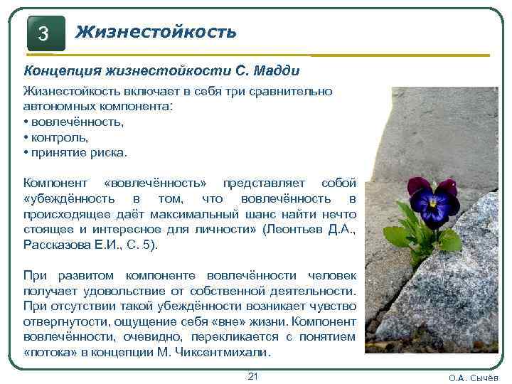 3 Жизнестойкость Концепция жизнестойкости С. Мадди Жизнестойкость включает в себя три сравнительно автономных компонента: