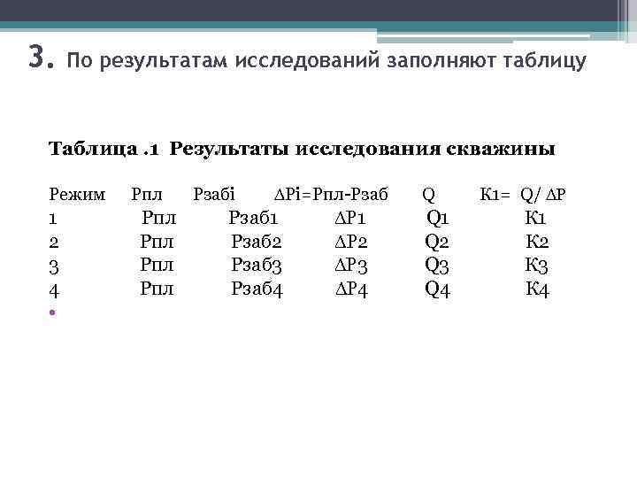 3. По результатам исследований заполняют таблицу Таблица. 1 Результаты исследования скважины Режим Рпл Рзабi