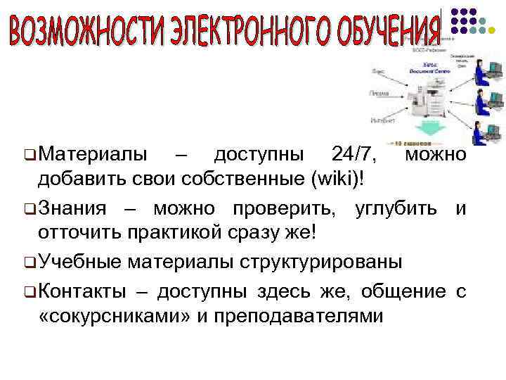 q Материалы – доступны 24/7, можно добавить свои собственные (wiki)! q Знания – можно