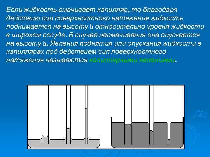 Если жидкость смачивает капилляр, то благодаря действию сил поверхностного натяжения жидкость поднимается на высоту