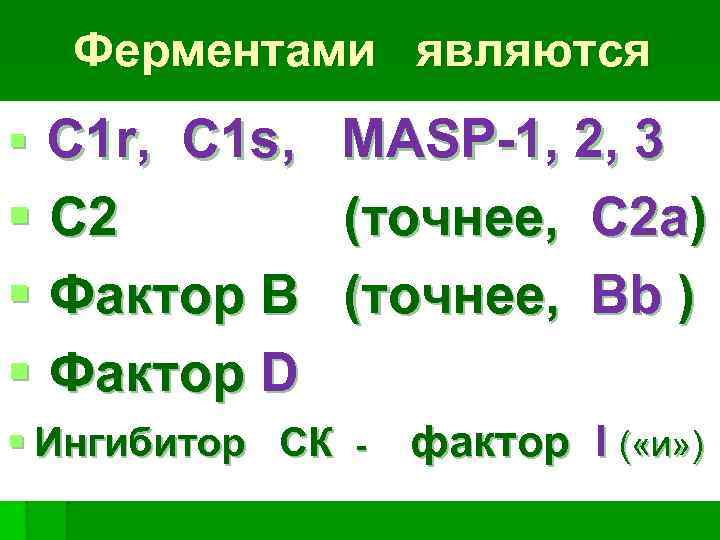 Ферментами являются С 1 r, C 1 s, § C 2 § Фактор В