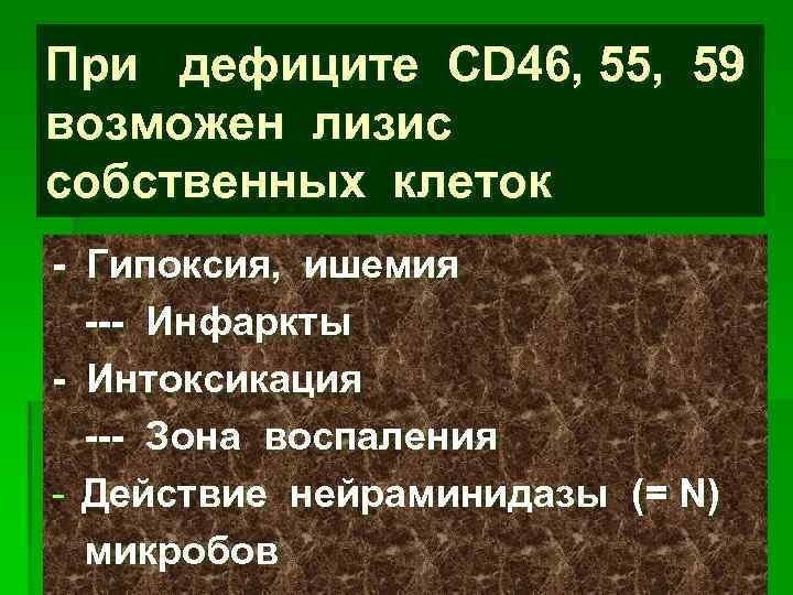 При дефиците CD 46, 55, 59 возможен лизис собственных клеток - Гипоксия, ишемия ---