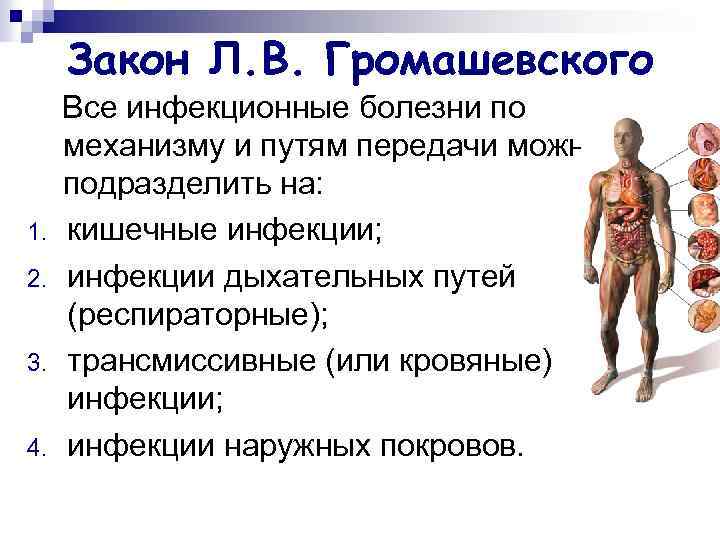 Закон Л. В. Громашевского 1. 2. 3. 4. Все инфекционные болезни по механизму и