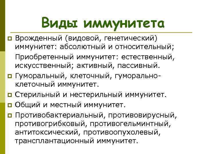 Виды иммунитета p p p Врожденный (видовой, генетический) иммунитет: абсолютный и относительный; Приобретенный иммунитет: