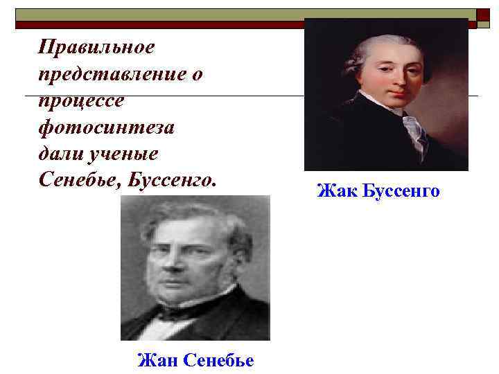 Правильное представление о процессе фотосинтеза дали ученые Сенебье, Буссенго. Жан Сенебье Жак Буссенго 