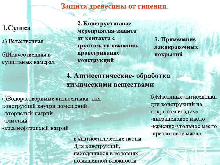 Защита древесины от гниения. 1. Сушка а) Естественная б)Искусственная в сушильных камерах 2. Конструктивные