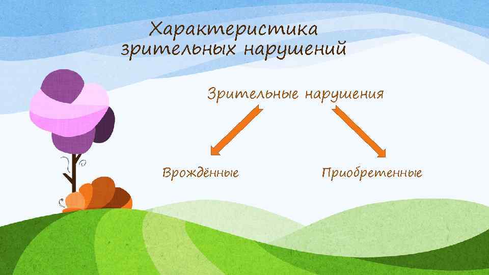 Характеристика зрительных нарушений Зрительные нарушения Врождённые Приобретенные 