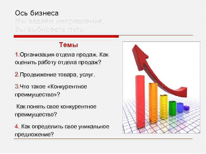 Ось бизнеса Мы задаем направление, Вы выбираете путь Темы 1. Организация отдела продаж. Как