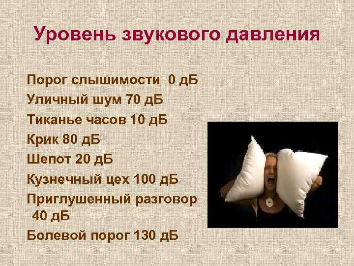 Уровень звукового давления Порог слышимости 0 д. Б Уличный шум 70 д. Б Тиканье