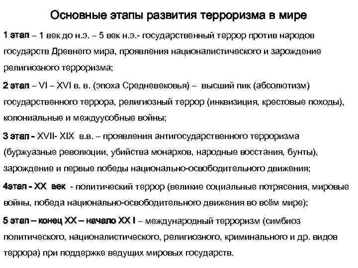 Основные этапы развития терроризма в мире 1 этап – 1 век до н. э.