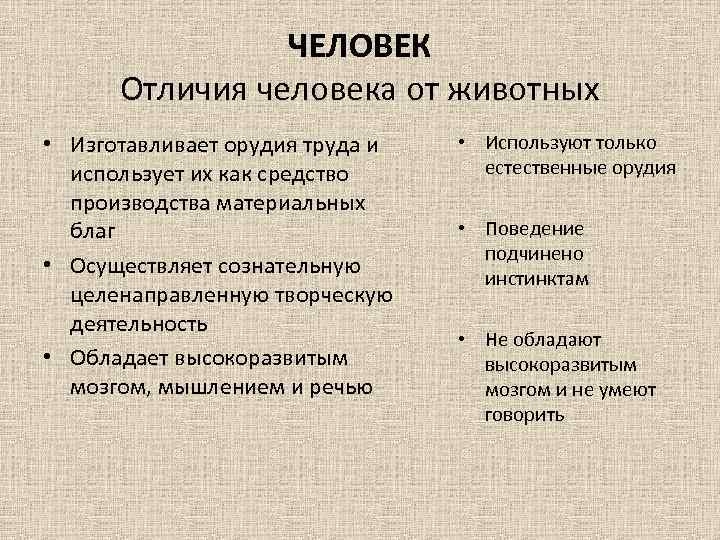 ЧЕЛОВЕК Отличия человека от животных • Изготавливает орудия труда и использует их как средство