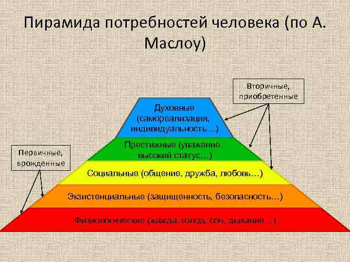 Пирамида потребностей человека (по А. Маслоу) Вторичные, приобретенные Духовные (самореализация, индивидуальность…) Первичные, врожденные Престижные