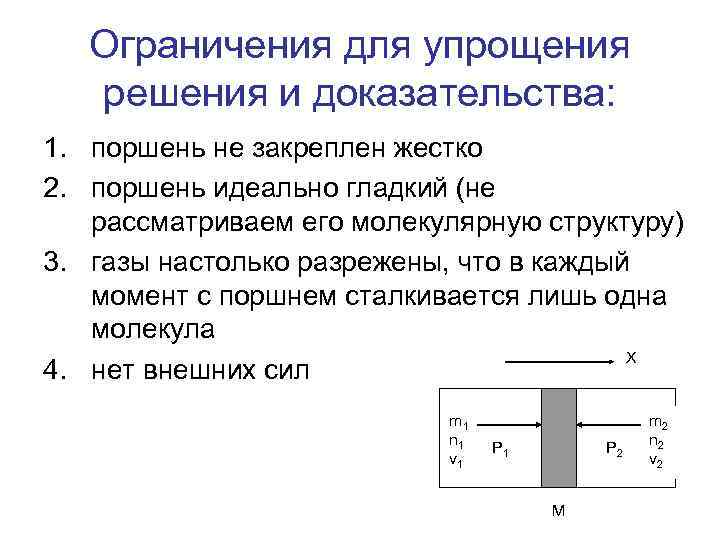 Ограничения для упрощения решения и доказательства: 1. поршень не закреплен жестко 2. поршень идеально