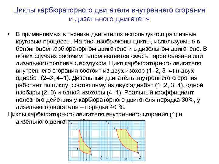 Циклы карбюраторного двигателя внутреннего сгорания и дизельного двигателя • В применяемых в технике двигателях