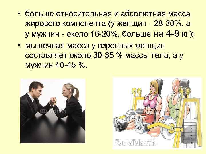  • больше относительная и абсолютная масса  жирового компонента (у женщин - 28