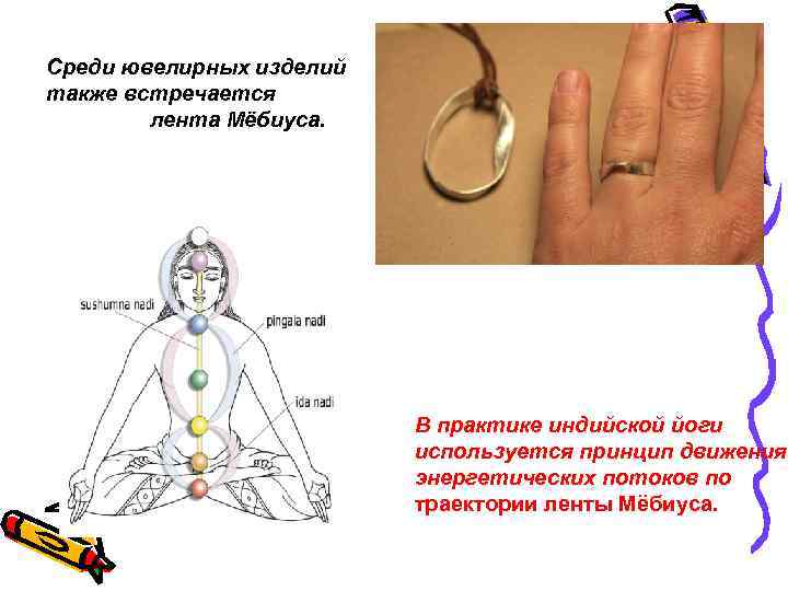 Среди ювелирных изделий также встречается лента Мёбиуса. В практике индийской йоги используется принцип движения