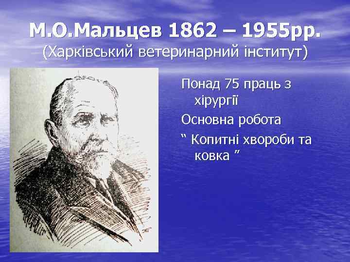 М. О. Мальцев 1862 – 1955 рр. (Харківський ветеринарний інститут) Понад 75 праць з