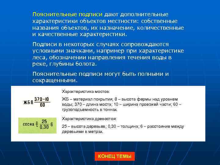 Пояснительные подписи дают дополнительные характеристики объектов местности: собственные названия объектов, их назначение, количественные и