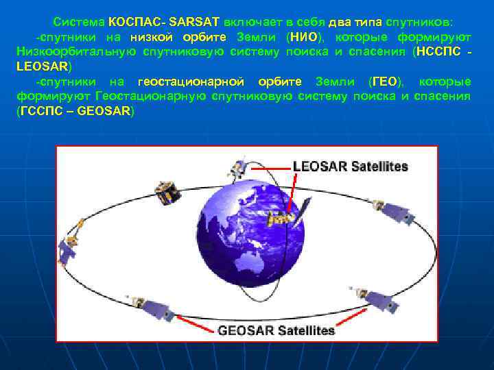  Система КОСПАС- SARSAT включает в себя два типа спутников: -спутники на низкой орбите