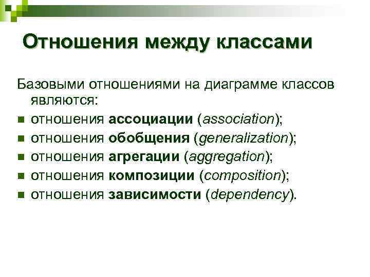 Отношения между классами Базовыми отношениями на диаграмме классов являются: n отношения ассоциации (association); n