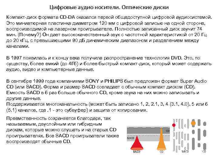 Цифровые аудио носители. Оптические диски Компакт-диск формата CD-DA оказался первой общедоступной цифровой аудиосистемой. Это