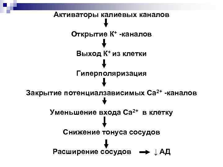 Активаторы калиевых каналов Открытие К+ -каналов Выход К+ из клетки Гиперполяризация Закрытие потенциалзависимых Са
