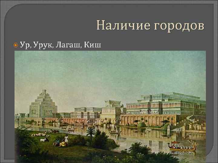 Наличие городов Ур, Урук, Лагаш, Киш 
