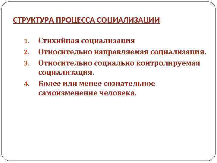 Стихийная социализация. Структура процесса социализации. Относительно социально контролируемая социализация -воспитание. Относительно социально контролируемая социализация пример. Составляющие процесса социализации.