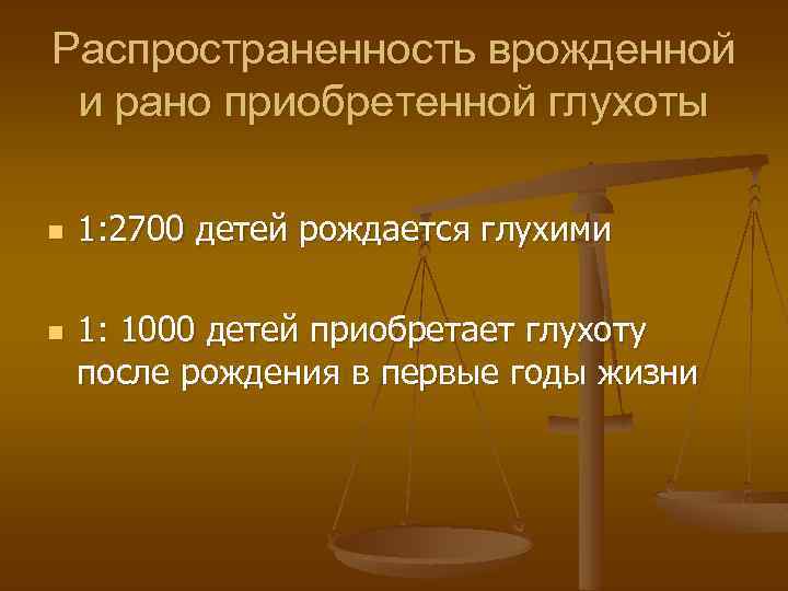 Распространенность врожденной и рано приобретенной глухоты n  1: 2700 детей рождается глухими n