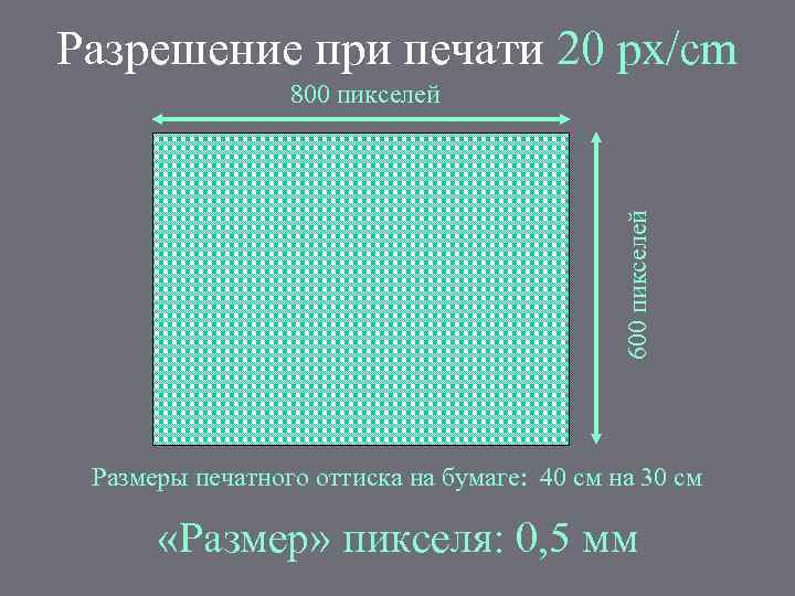Разрешение при печати 20 px/cm 600 пикселей 800 пикселей Размеры печатного оттиска на бумаге: