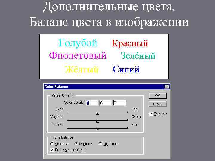 Дополнительные цвета. Баланс цвета в изображении Голубой --- Красный Фиолетовый --- Зелёный Жёлтый ---