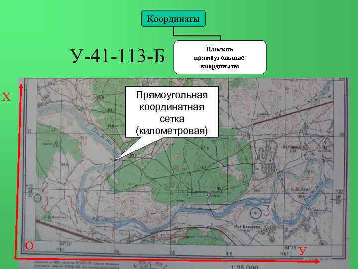 Координаты У-41 -113 -Б Плоские прямоугольные координаты Прямоугольная координатная сетка (километровая) Х О У