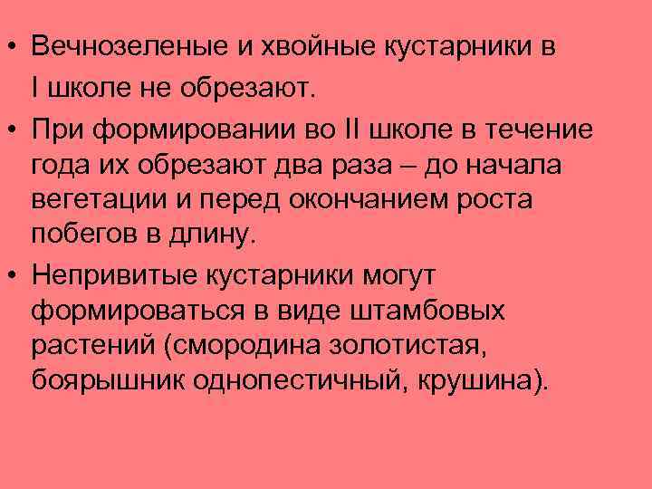  • Вечнозеленые и хвойные кустарники в I школе не обрезают. • При формировании