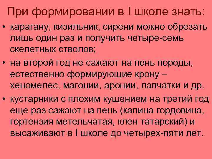 При формировании в I школе знать: • карагану, кизильник, сирени можно обрезать лишь один