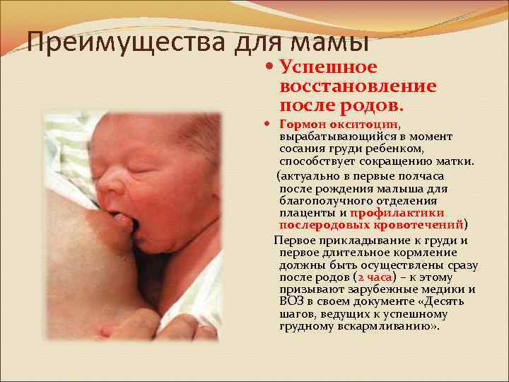 Преимущества для мамы Успешное восстановление после родов. Гормон окситоцин, вырабатывающийся в момент сосания груди