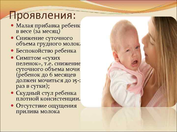 Проявления: Малая прибавка ребенка в весе (за месяц) Снижение суточного объема грудного молока Беспокойство