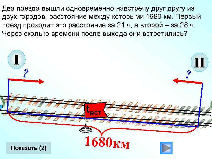 Два поезда вышли одновременно навстречу другу из двух городов, расстояние между которыми 1680 км.