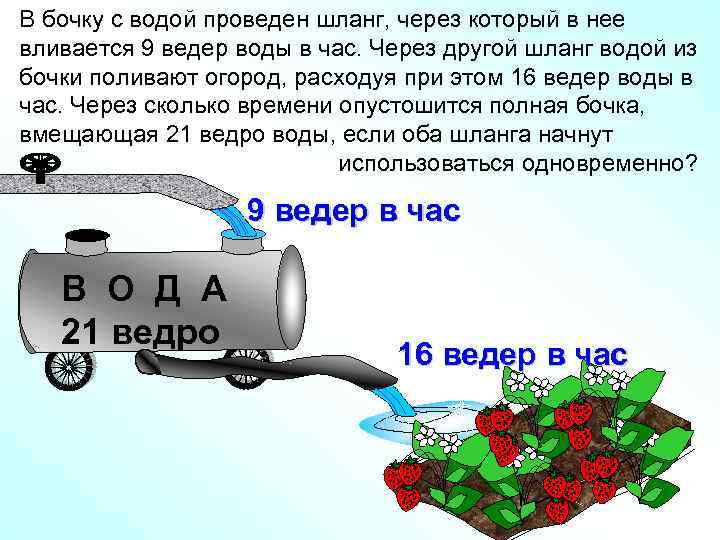 В бочку с водой проведен шланг, через который в нее вливается 9 ведер воды